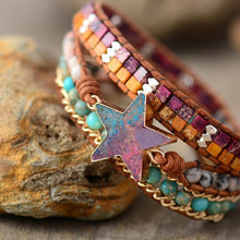 Load image into Gallery viewer, Natural Jasper &amp; Agate Star Leather Wrap Bracelet
