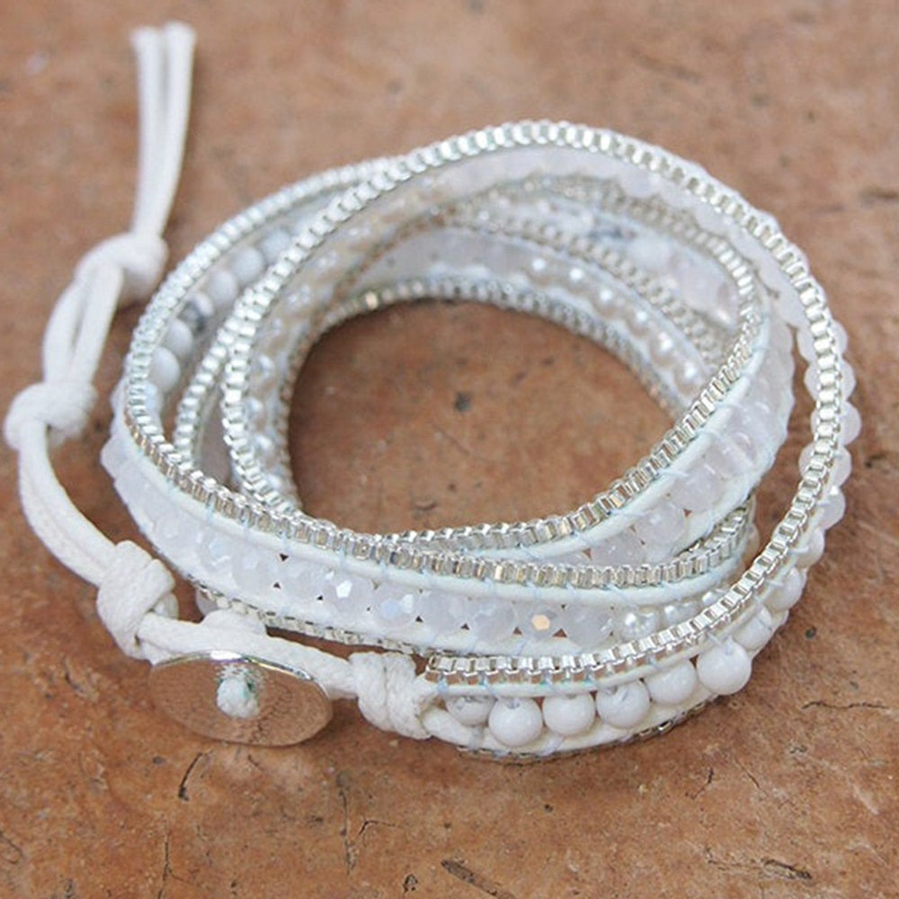 Natural Howlite & Freshwater Pearls Vegan Leather Wrap Bracelet