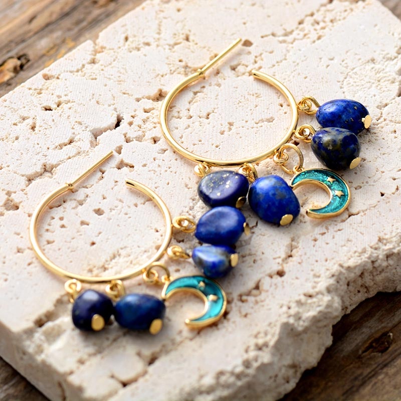 Natural Lapis Lazuli Good Night Moon Hoop Earrings