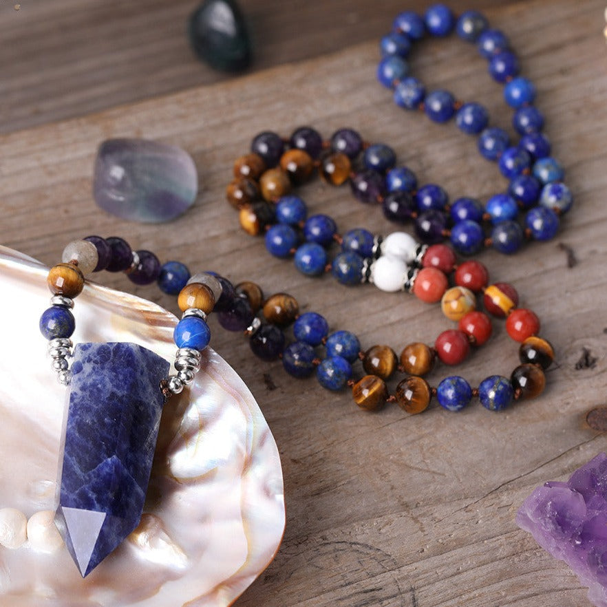 Natural Amethyst, Tiger Eye, Lapis Lazuli, Jasper Necklace with Sodalite Stone Pointed Pendant