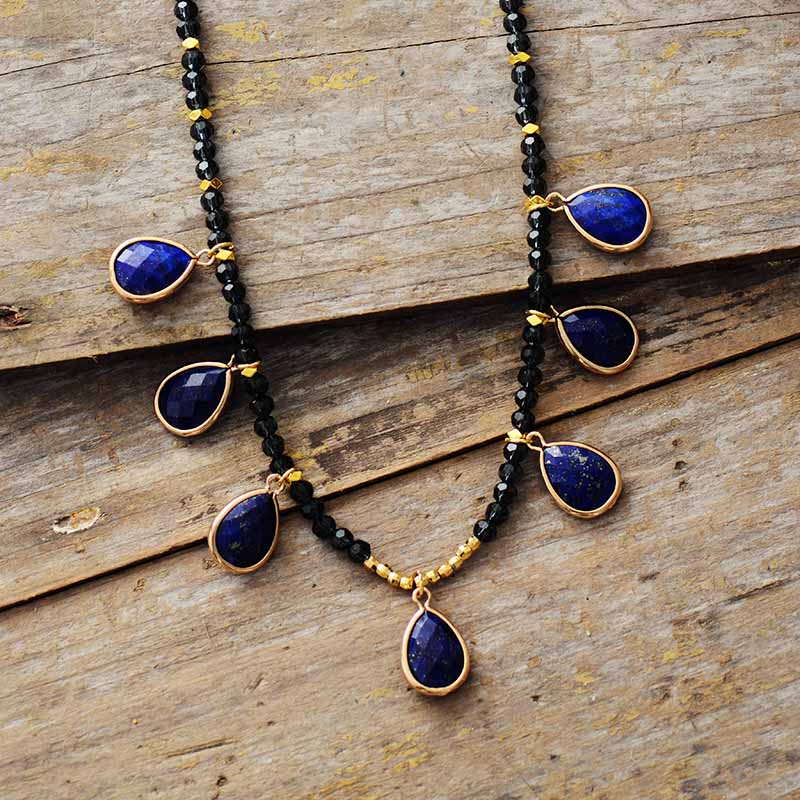 Lapis Lazuli Pendants & Rhinestone Beads Necklace