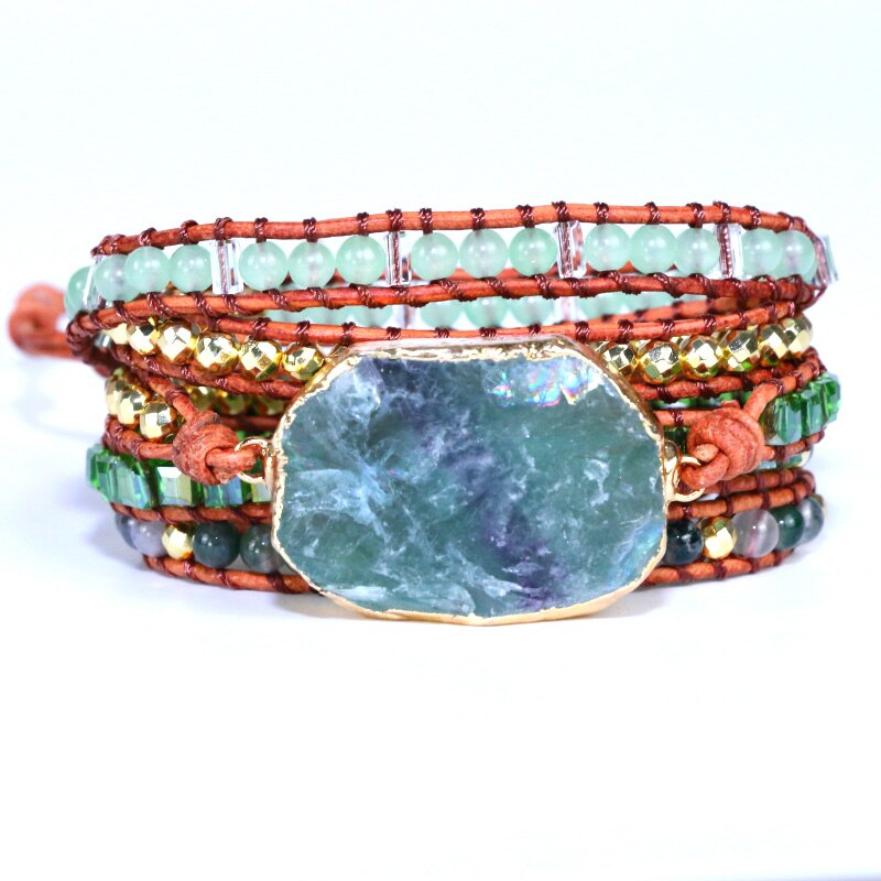 Natural Green Quartz, Aventurine & Agate Leather Wrap Bracelet