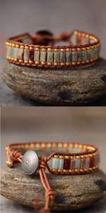 Natural Imperial Jasper Leather Wrap Bracelet