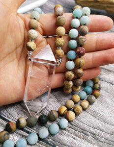 Natural Jasper, Amazonite & Clear Quartz Wand Necklace