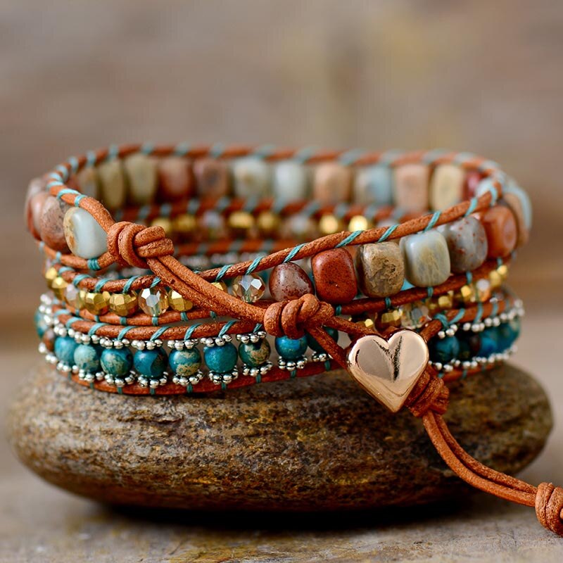 Natural Imperial & Ocean Jasper Leather Wrap Bracelet