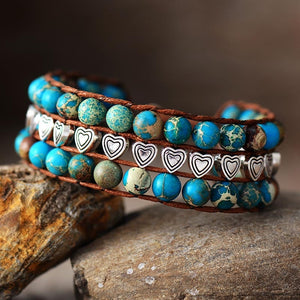 Natural Turquoise Jasper Stone Leather Wrap Bracelet with Hearts