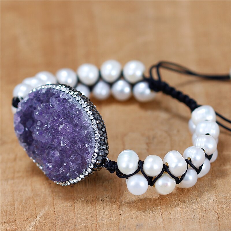 Natural Amethyst Druzy Charm & Freshwater Pearls Braided Bracelet