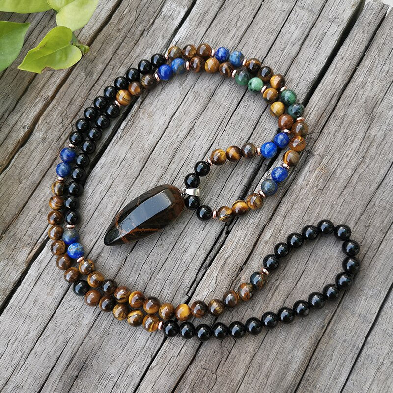 Natural Lapis Lazuli, Tiger Eye, Onyx & Zoisite 108 Beads Mala Necklace