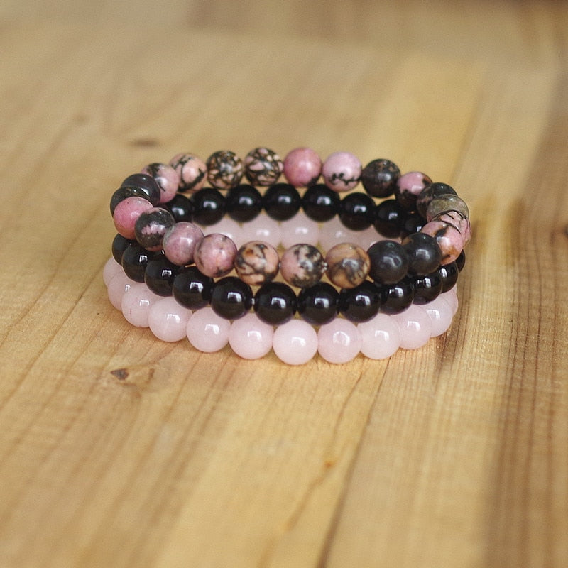 Natural Rhodonite, Rose Quartzs & Black Onyx Beaded Bracelet Set