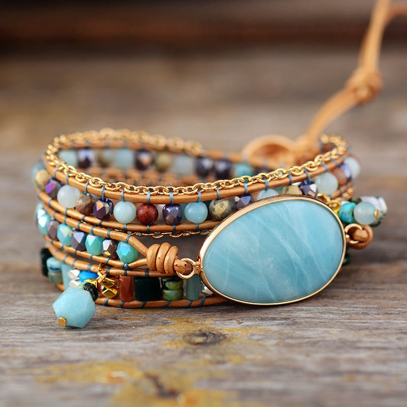 Natural Amazonite, Jasper & Agate Leather Wrap Bracelet