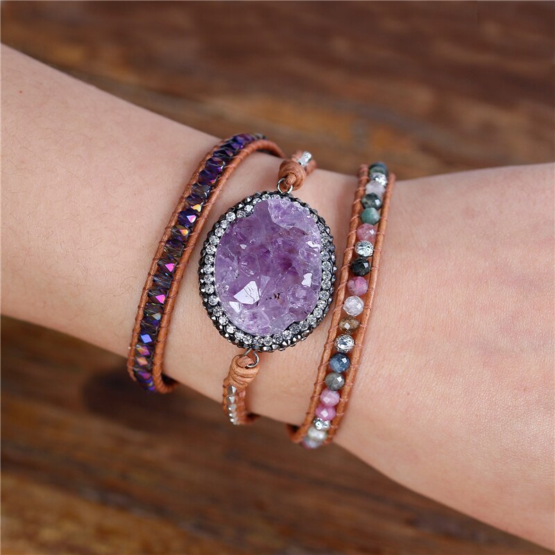 Natural Tourmaline & Amethyst Druzy Leather Wrap Bracelet