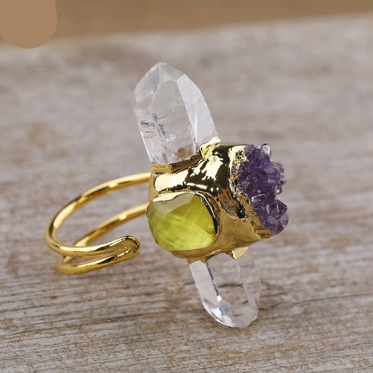 Natural Hexagonal Amethyst / Clear Quartz / Citrine Ring