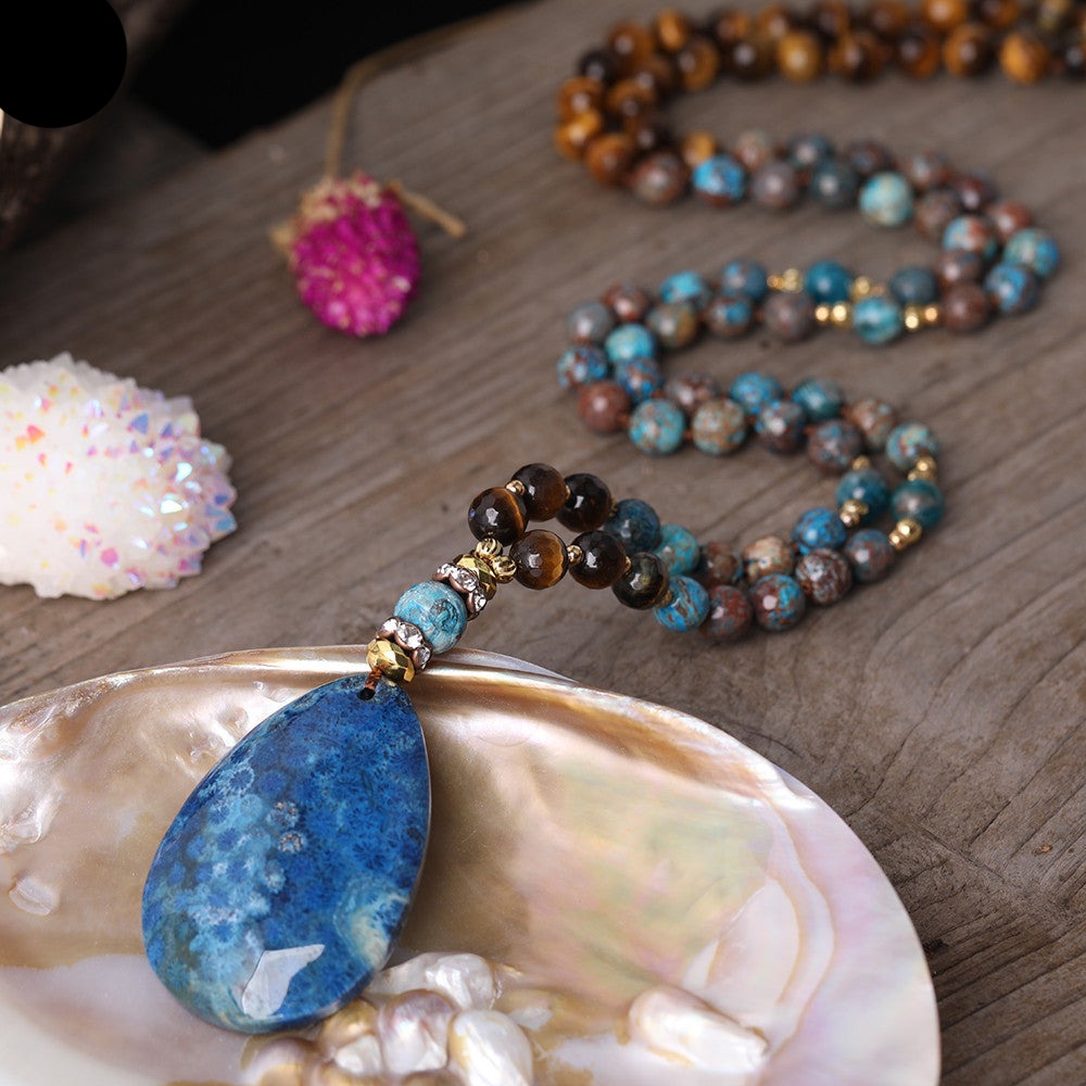 Natural Tiger Eye, Ocean Jasper Beaded Necklace with Fossil Flower Agate