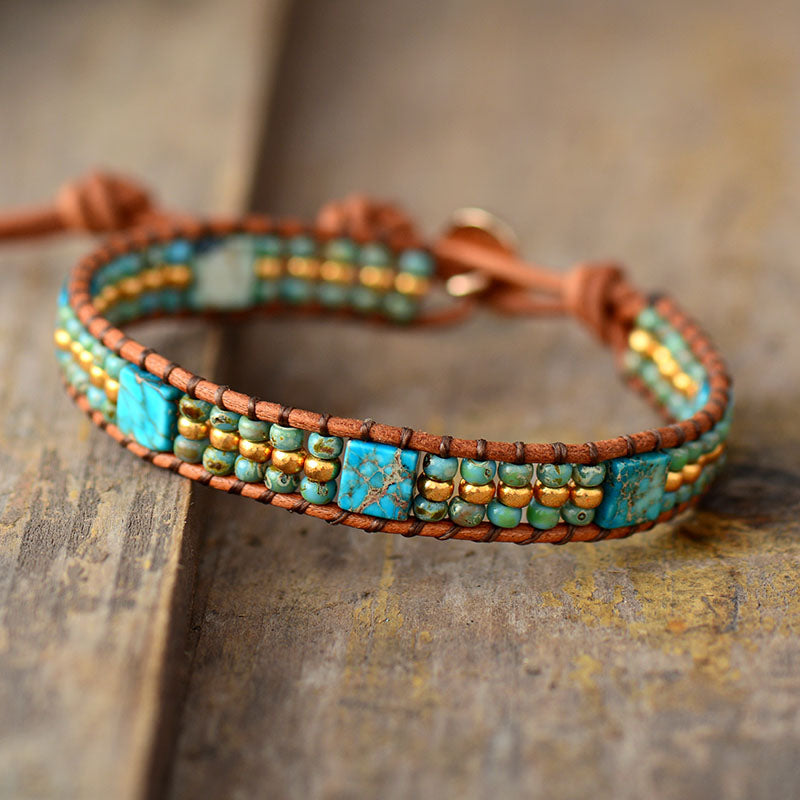 Natural Turquoise Jasper Leather Wrap Bracelet