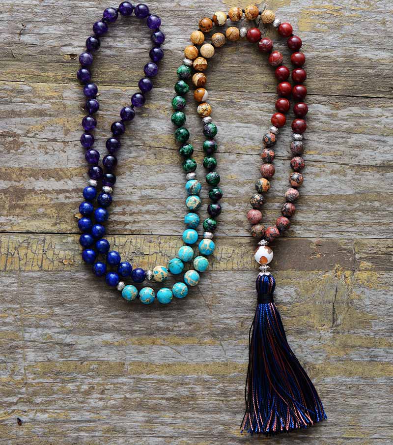 108 Natural Amethyst, Jasper, Lapis Lazuli & Agate Bead Mala Necklace