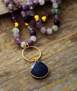 Natural Fluorite Beads & Lapis Lazuli Pendant Necklace