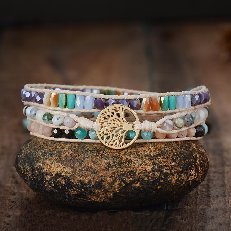 Natural Amazonite, Pyrite, Sunstone & Agate Tree of Life Wrap Bracelet