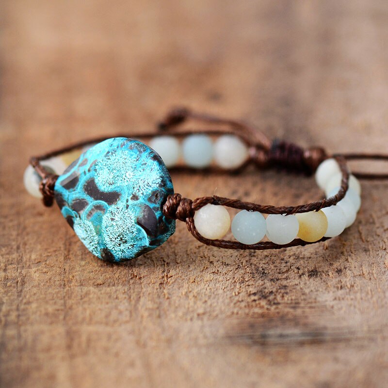 Natural Amazonite & Fossil Flower Jasper Wrap Bracelet