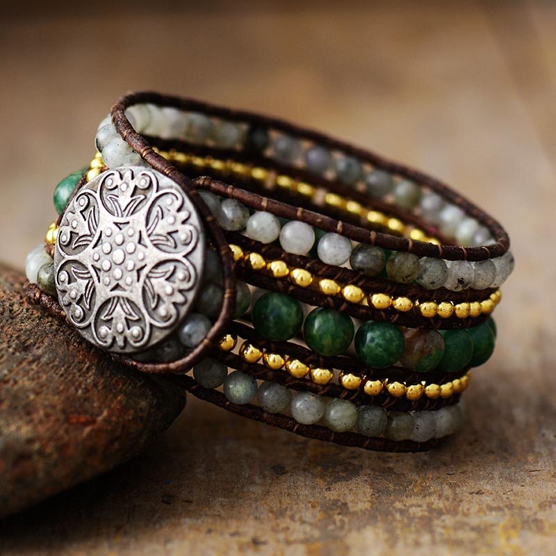 Natural Green Jasper & Labradorite Leather Wrap Bracelet