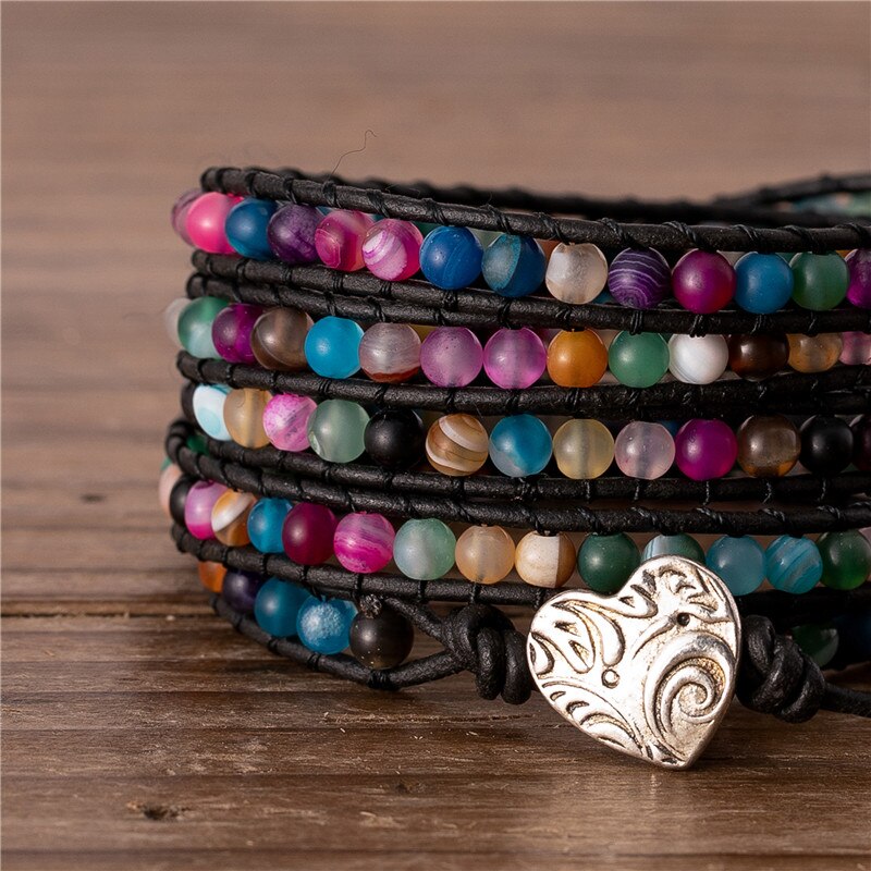 Natural Multicoloured Agate & Onyx Leather Wrap Bracelet