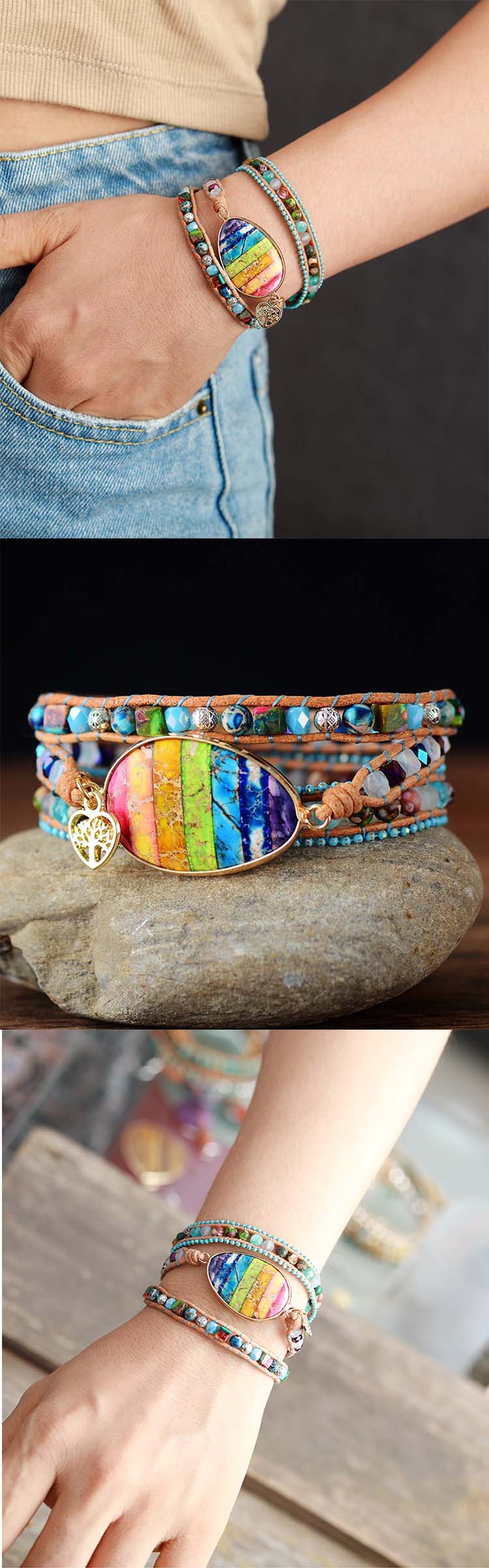 Natural 7 Chakras Jasper & Crystals Leather Wrap Bracelet