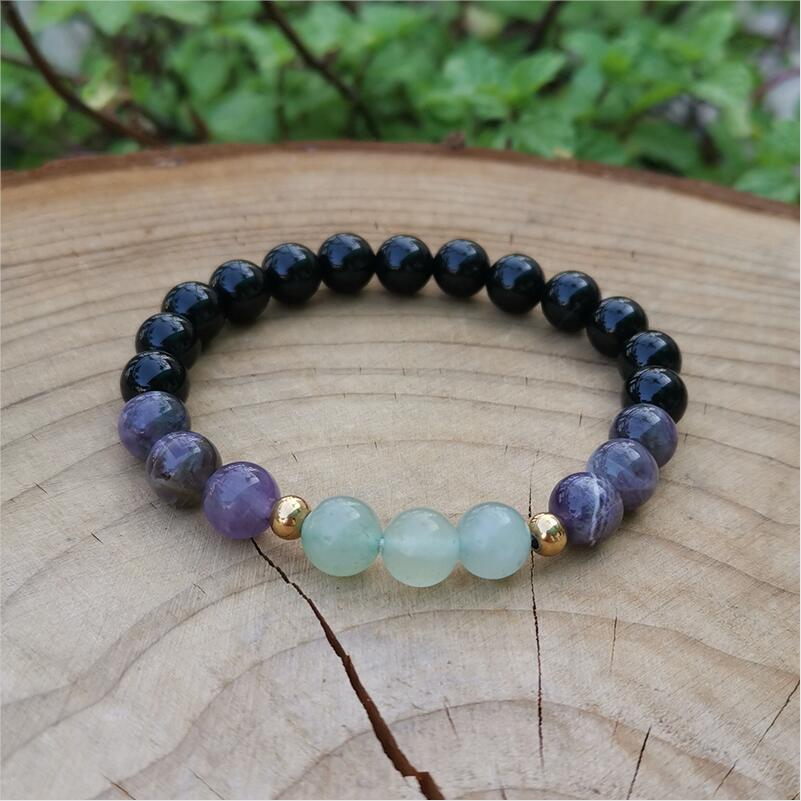 Natural Amethyst, Aventurine & Black Onyx 108 Beads Mala Necklace / Bracelet