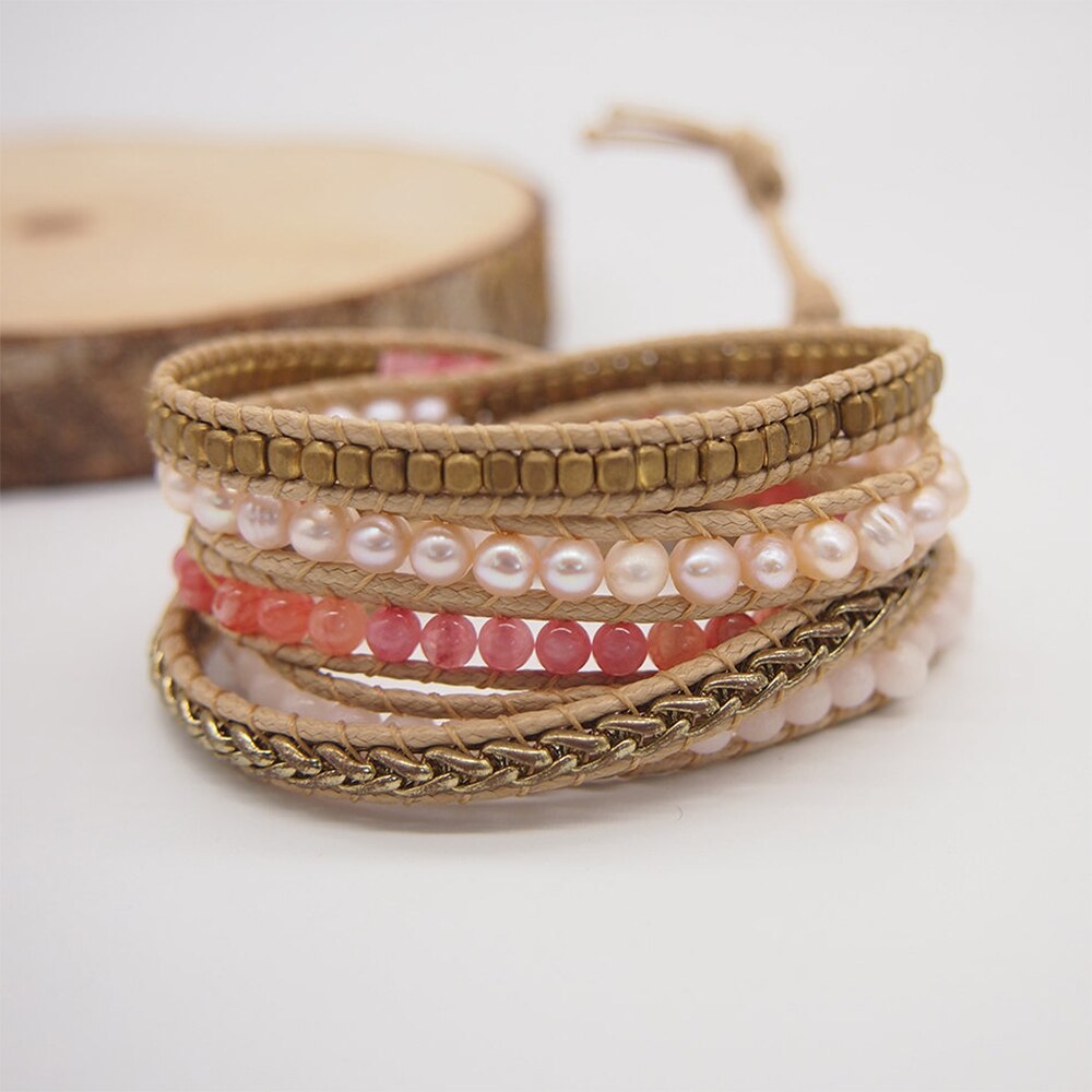 Natural Cherry Quartz & Freshwater Pearls Leather Wrap Bracelet