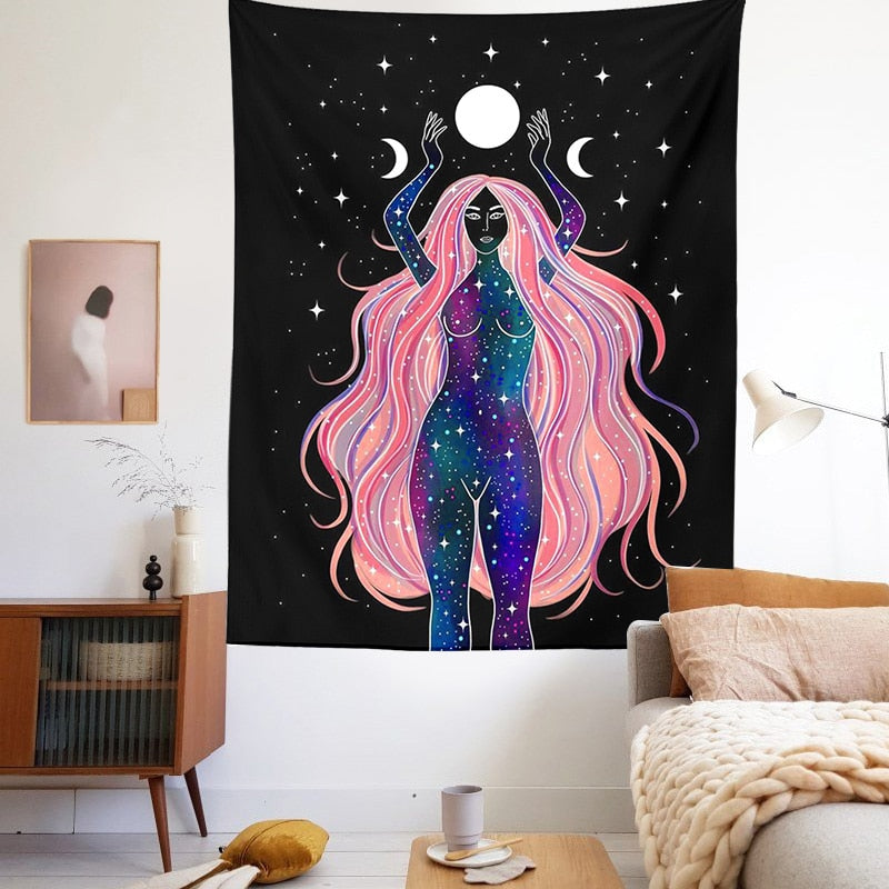 Moon Phases Tapestry Rainbow Girl