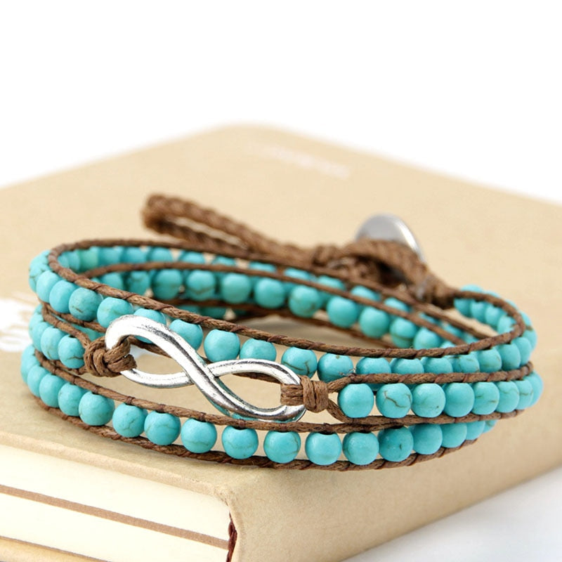 Natural Turquoise Beaded Wrap Bracelet with Infinity Charm