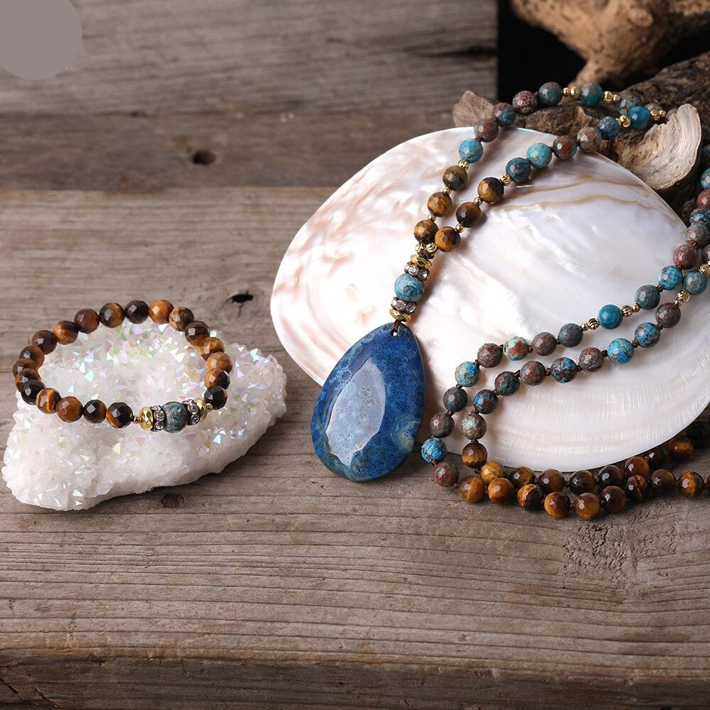 Natural Tiger Eye, Ocean Jasper Beaded Necklace with Fossil Flower Agate