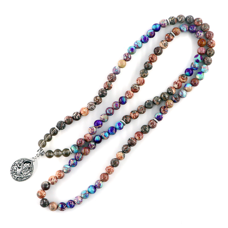 Natural Jasper & Smokey Quartz 108 Beads Mala Necklace / Bracelet with Ganesh Pendant