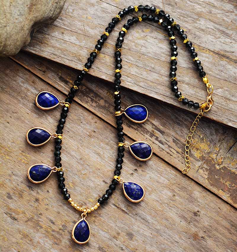 Lapis Lazuli Pendants & Rhinestone Beads Necklace