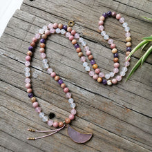 Load image into Gallery viewer, 108 Natural Rhodonite, Amethyst Mala Beads &amp; Rose Quartz Moon Pendant Necklace
