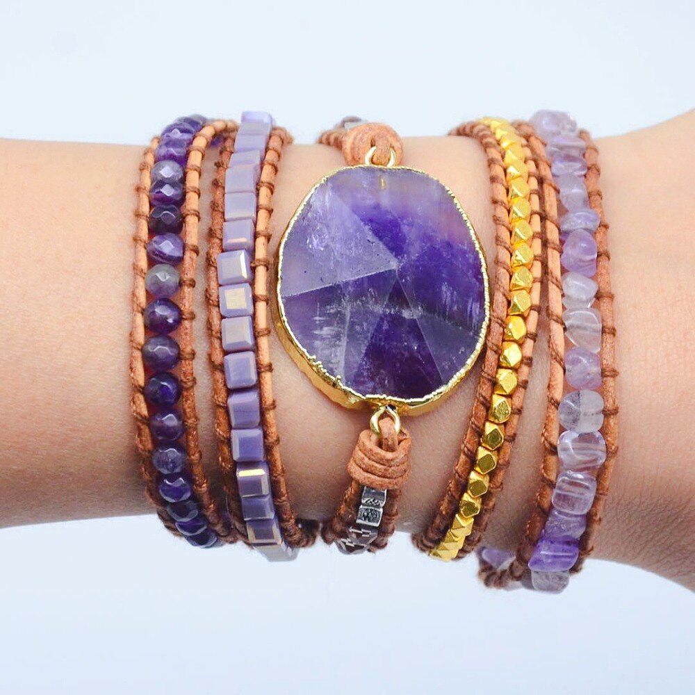 Natural Amethyst & Crystals Leather Wrap Bracelet