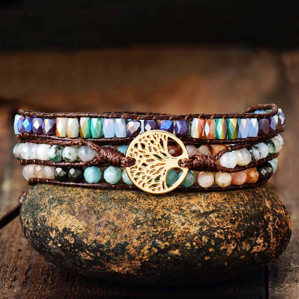 Natural Amazonite, Pyrite, Sunstone & Agate Tree of Life Wrap Bracelet