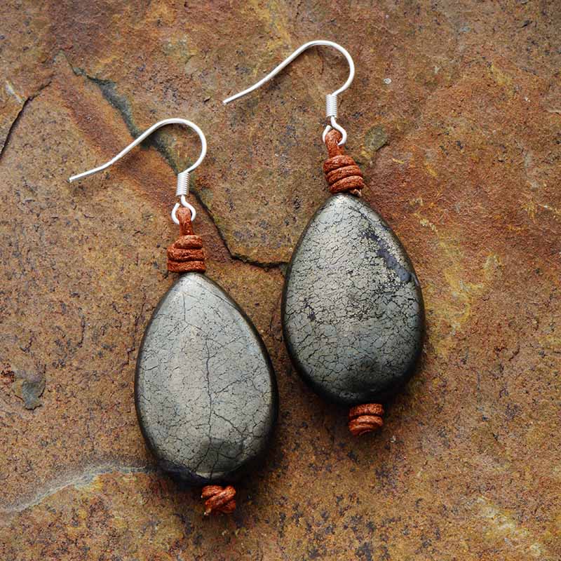 Natural Pyrite Leather Earring