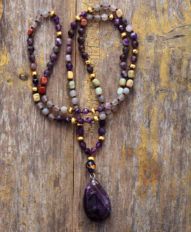 Natural Imperial Jasper, Onyx & Amethyst Pendant Necklace