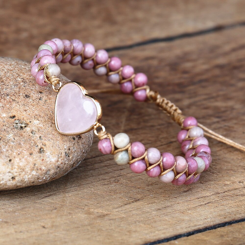 Natural Rhodonite & Rose Quartz Heart Bracelet