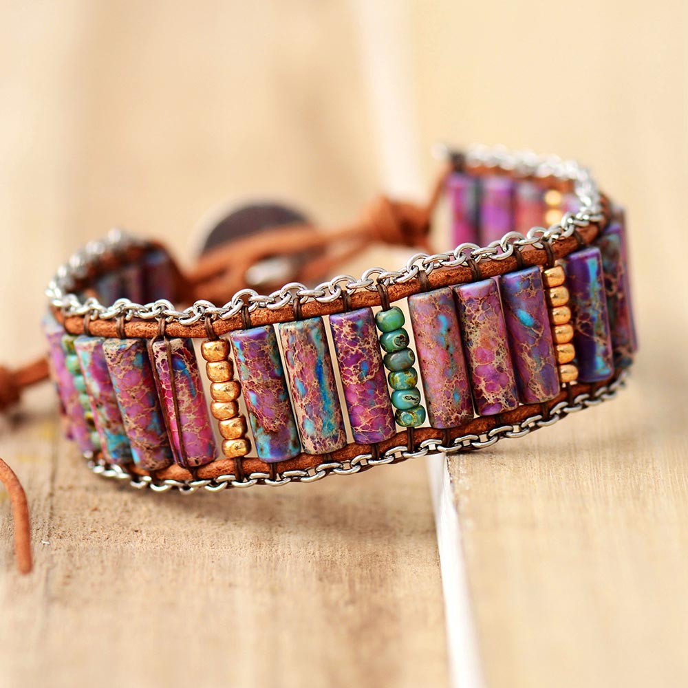 Natural Jasper & Weaving Chain Leather Wrap Bracelet