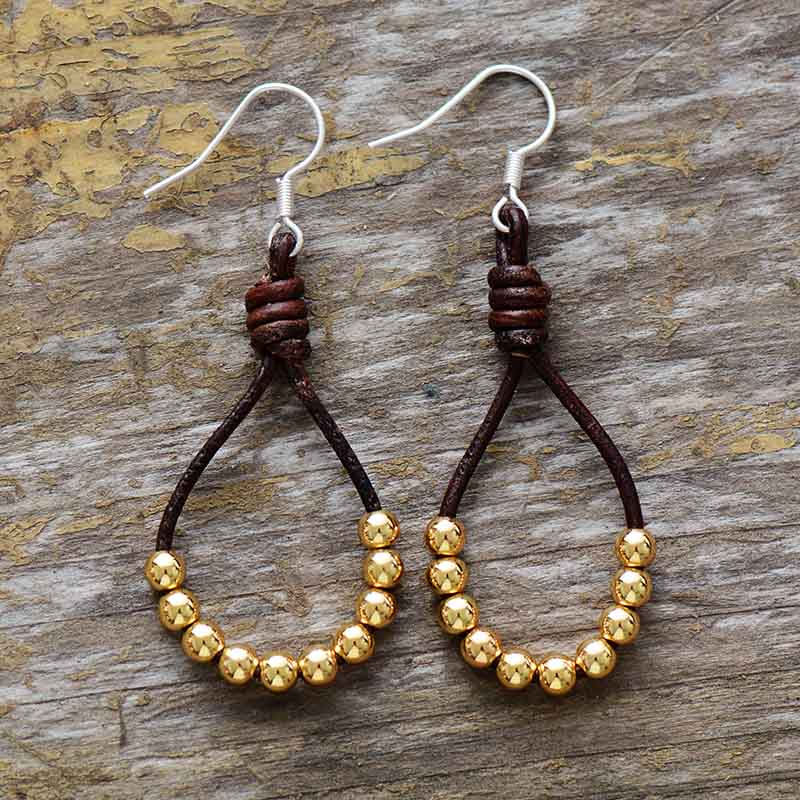 Natural Leather & Metal Beads Dangle Earrings