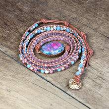 Load image into Gallery viewer, Natural Rose Quartz, Celestite, Agate &amp; Jasper Leather Wrap Bracelet
