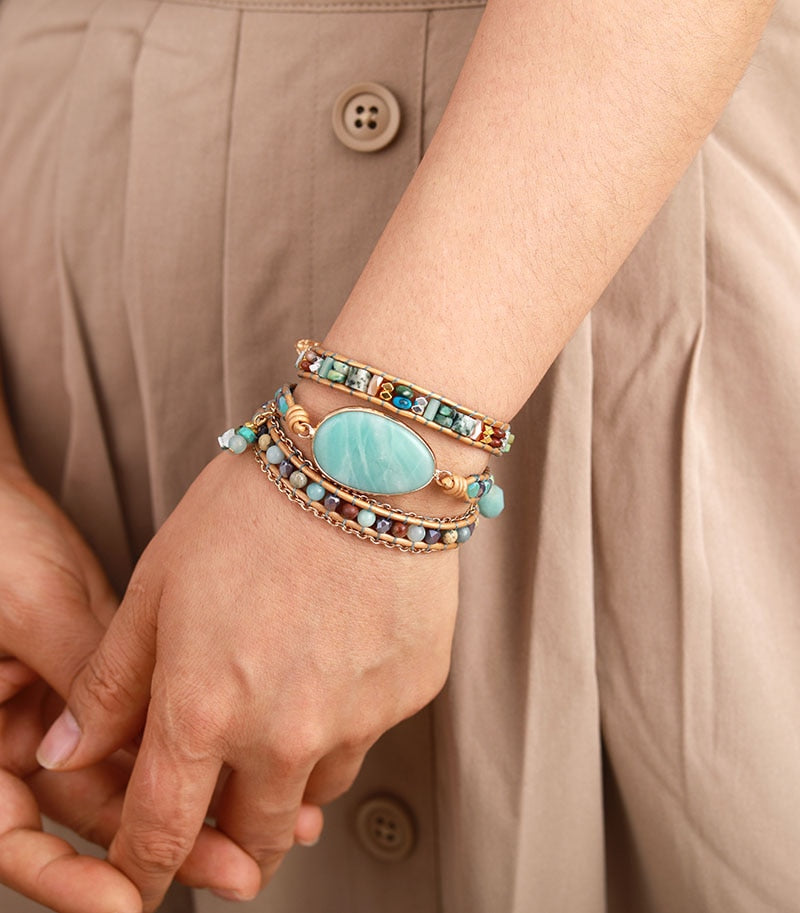 Natural Amazonite, Jasper & Agate Leather Wrap Bracelet