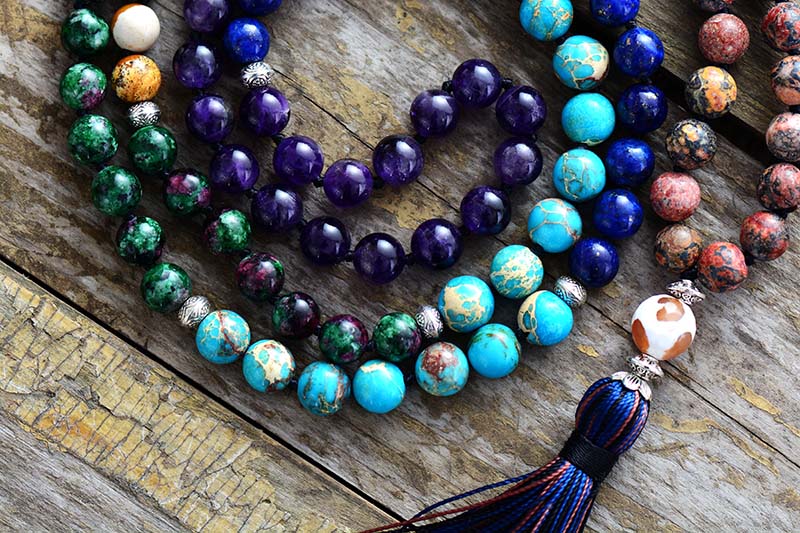 108 Natural Amethyst, Jasper, Lapis Lazuli & Agate Bead Mala Necklace