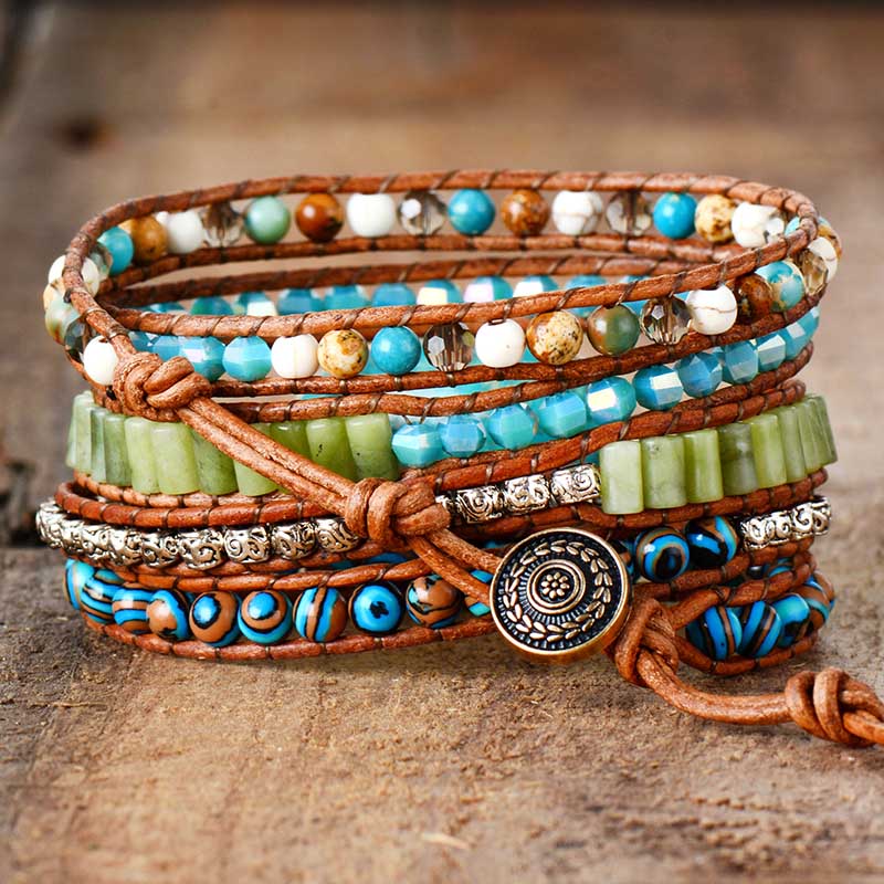 Natural Turquoise Jasper Leather Wrap Bracelet