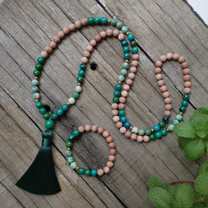 Rare Natural Sandstone, Chrysocolla & Jade 108 Beads Mala Necklace / Bracelet