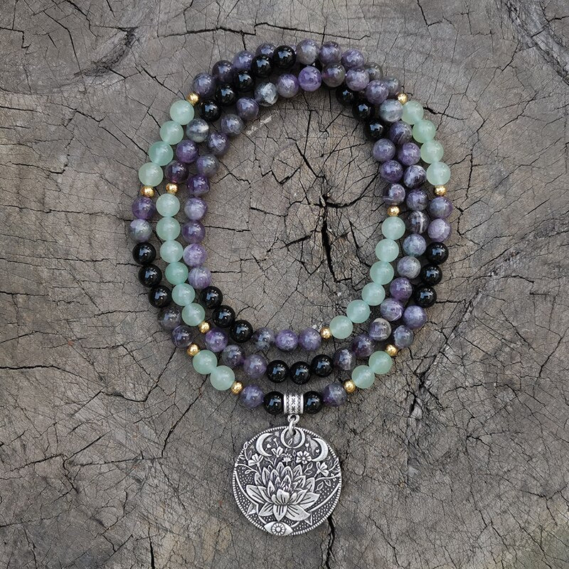 Natural Amethyst, Aventurine & Black Onyx 108 Beads Mala Necklace / Bracelet