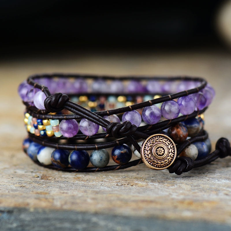 Natural Amethyst & Lapis Lazuli Leather Wrap Bracelet