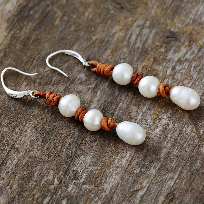 Natural Freshwater Pearls Leather Earrings