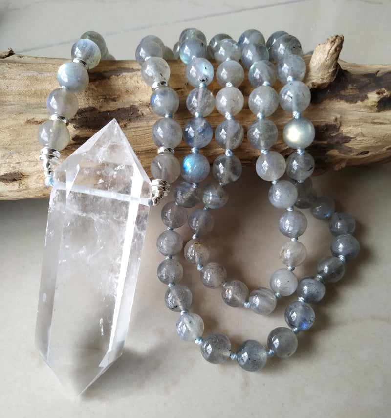 Natural Clear Quartz Double Point Pendant & Labradorite Stone Beads Necklace