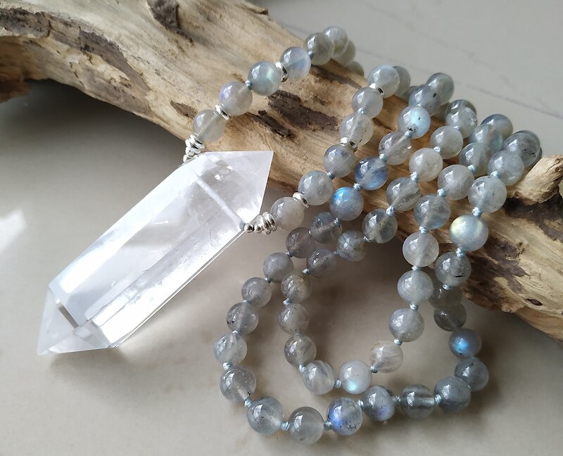 Natural Clear Quartz Double Point Pendant & Labradorite Stone Beads Necklace